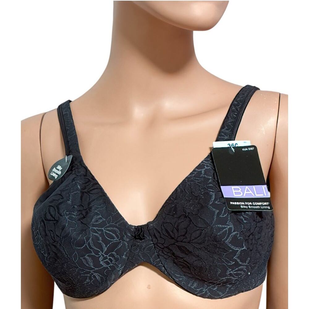 Bali Style #3387 Silky Smooth Lining Underwire Black Nylon Bra Size 36C NWT